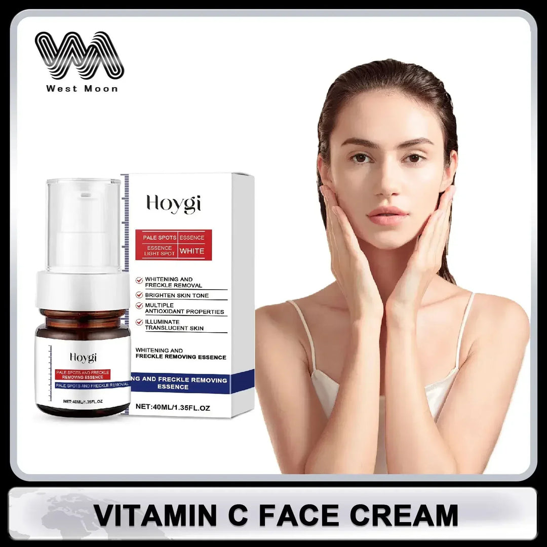 Hoygi vitamin C face cream with whitening and freckle removing essence displayed beside a woman with clear skin