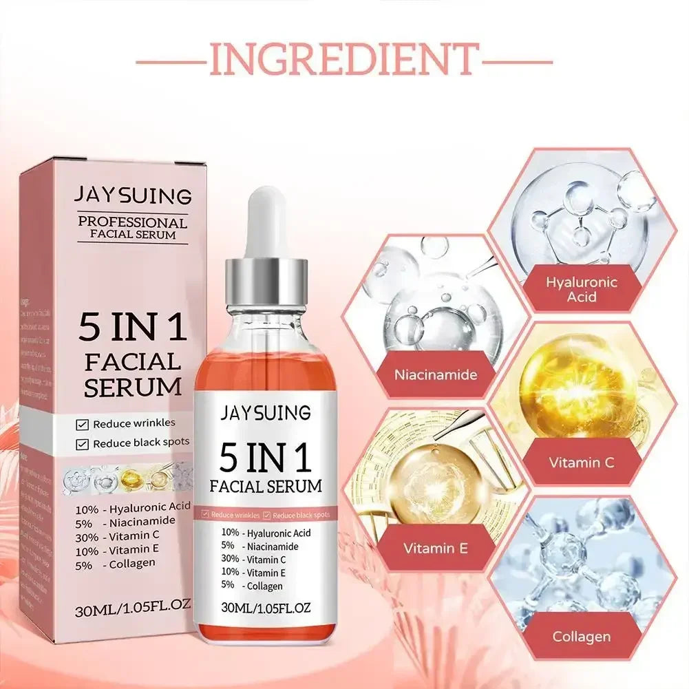 JAYSUING 5 in 1 professional facial serum with hyaluronic acid, niacinamide, vitamin C, vitamin E, collagen
