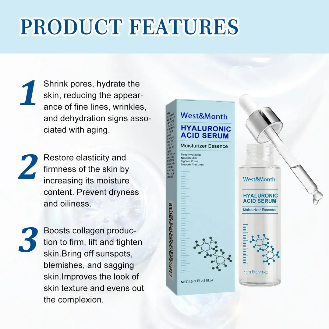 West&Month Hyaluronic Acid Serum with dropper and box, moisturizing essence for skin hydration and anti-aging