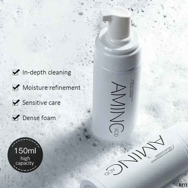Amino acid facial cleanser bottles on dense foam bubbles with in-depth cleaning and moisture care features