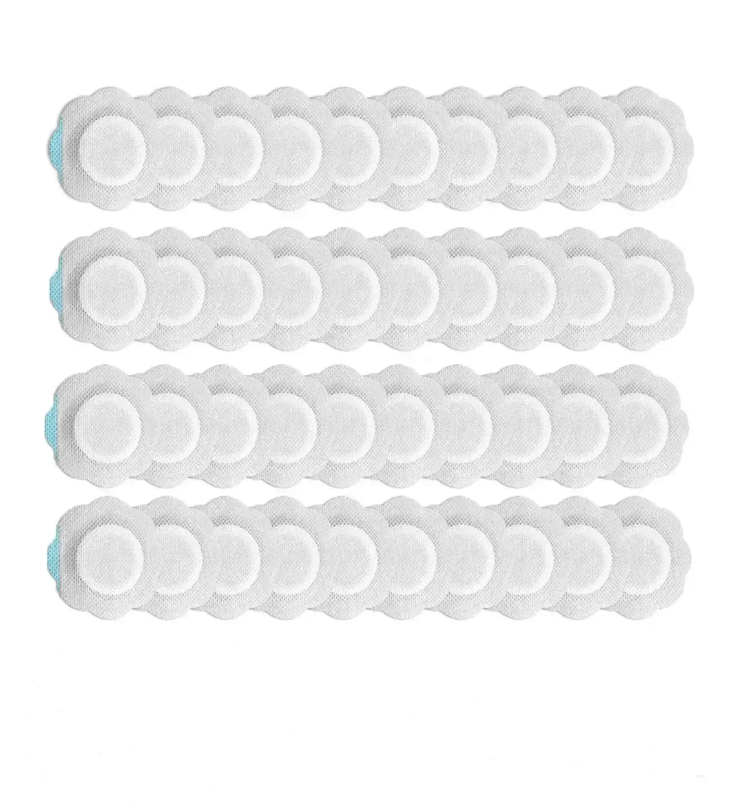 Four rows of white fabric adhesive patches with blue tabs on a white background