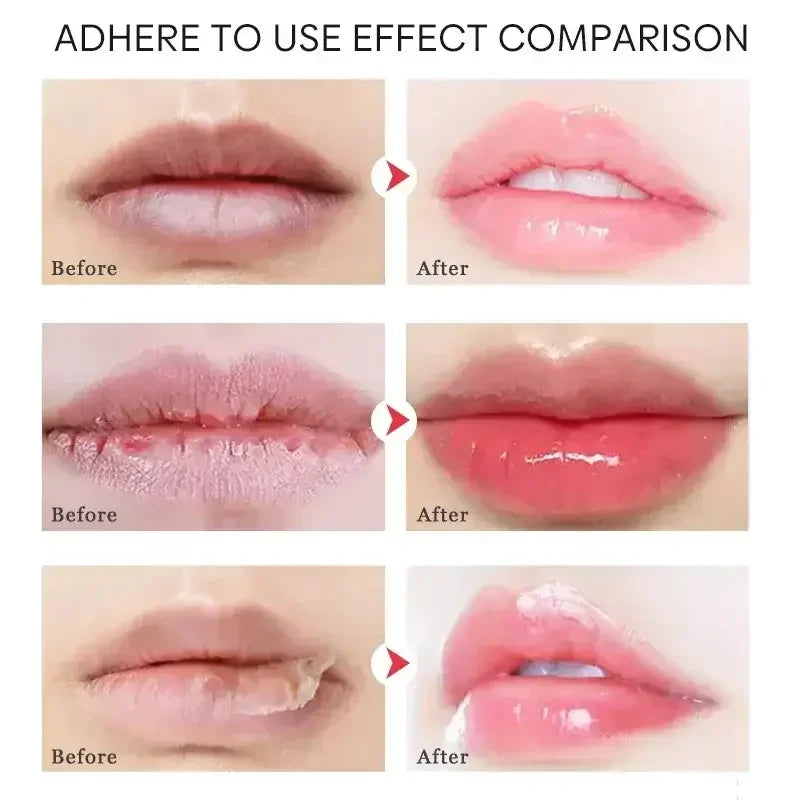 Before and after close-up images showing lips improved with moisturizing lip gloss, transforming dry to glossy healthy lips