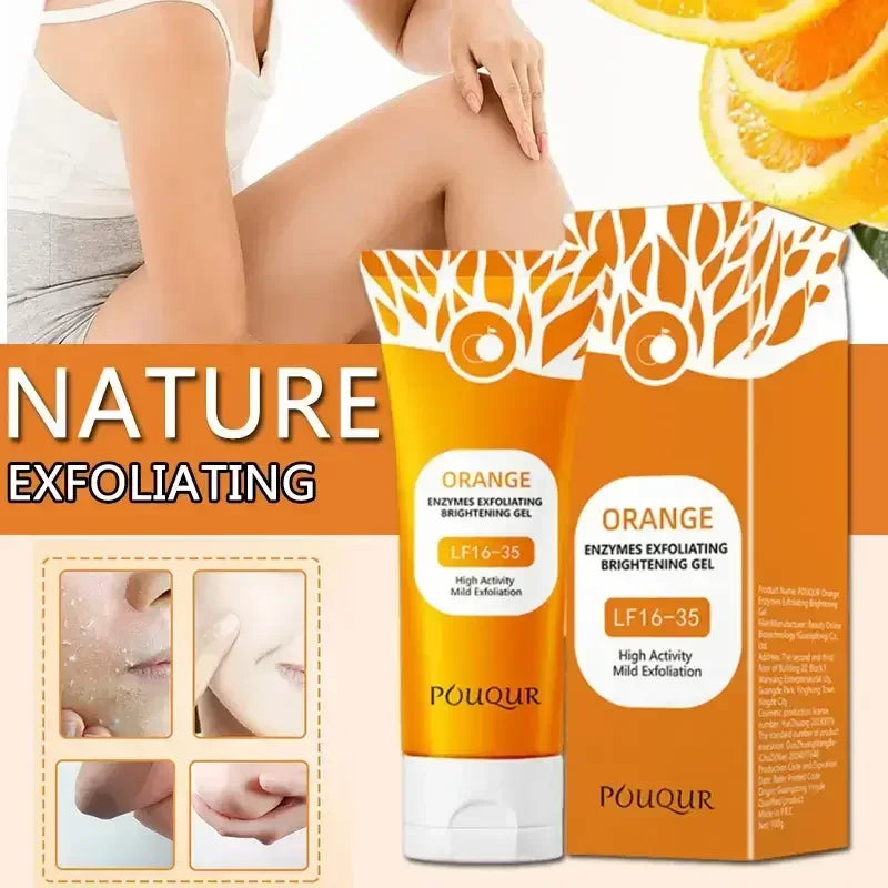 Pouch and tube of Puqur orange enzymes exfoliating brightening gel with sliced oranges and smooth skin