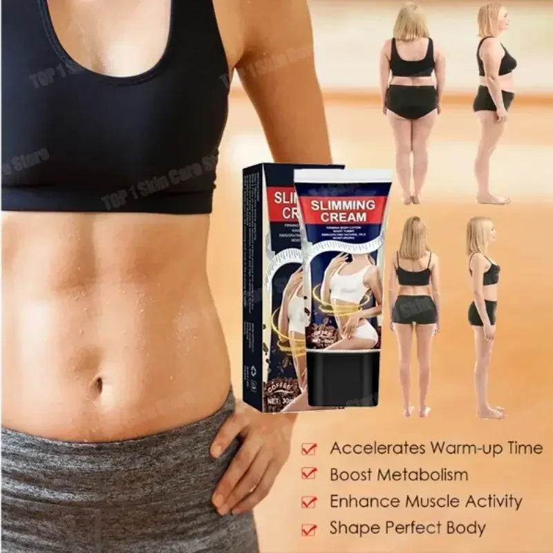Slimming cream product with before and after images showing body transformation and benefits listed