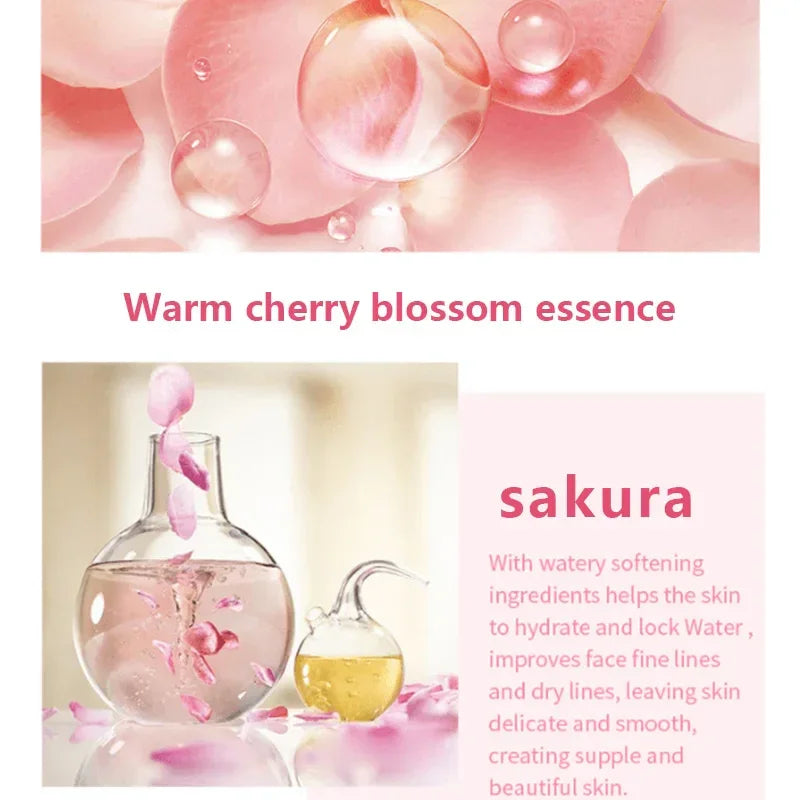 Glass bottles with pink cherry blossom petals and golden liquid representing hydrating sakura essence