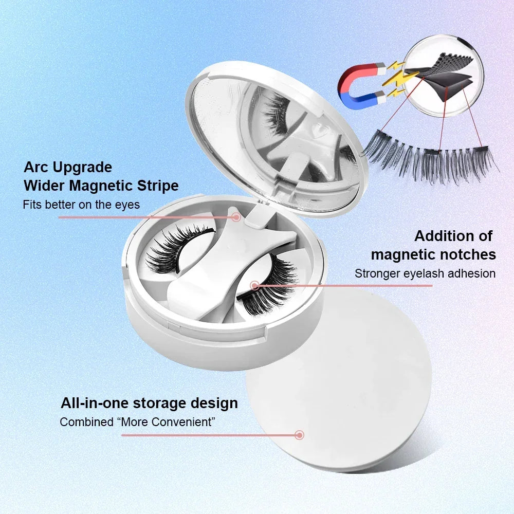 Magnetic false eyelashes with wider magnetic stripe and notches in a white compact case with mirror