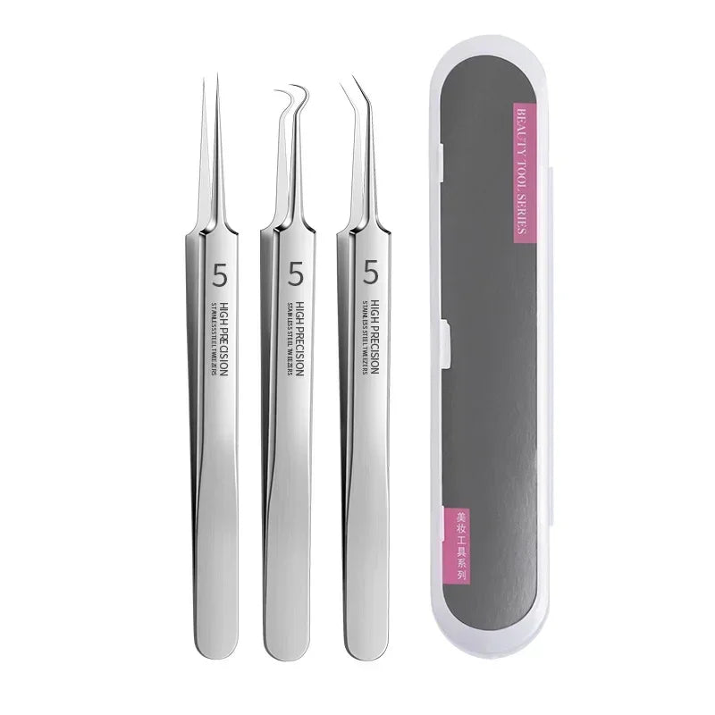Set of three high precision stainless steel tweezers with angled and pointed tips and a protective case