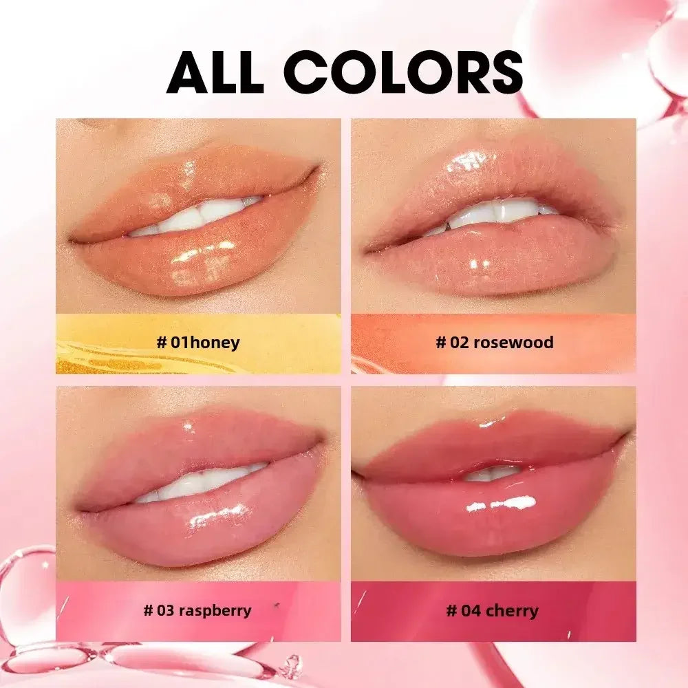 Glossy lips showcasing four lip gloss shades: 01 honey, 02 rosewood, 03 raspberry, and 04 cherry