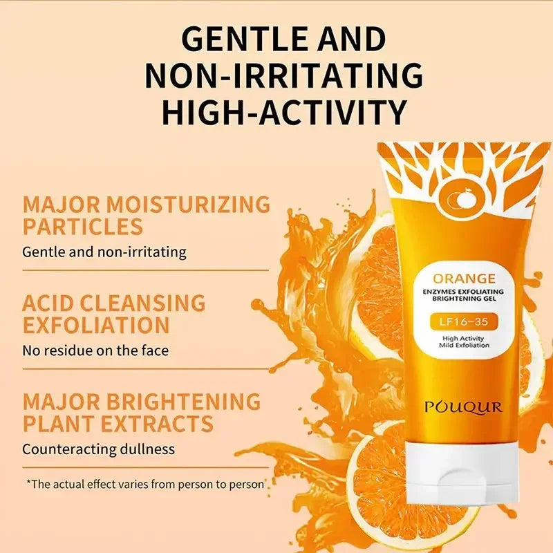 Orange enzyme exfoliating brightening gel with moisturizing particles and plant extracts for gentle, non-irritating skin care