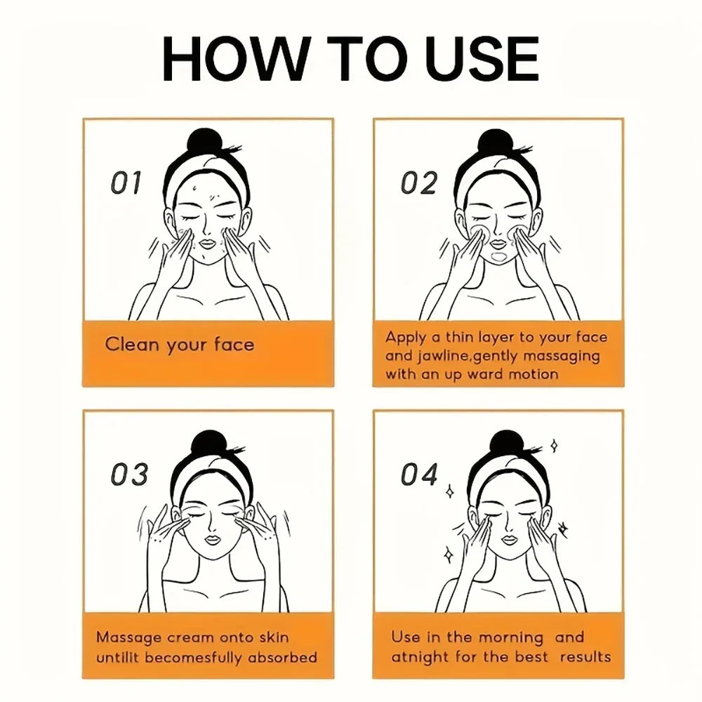 Step-by-step skincare instructions illustrated with woman massaging face, applying cream, morning and night usage