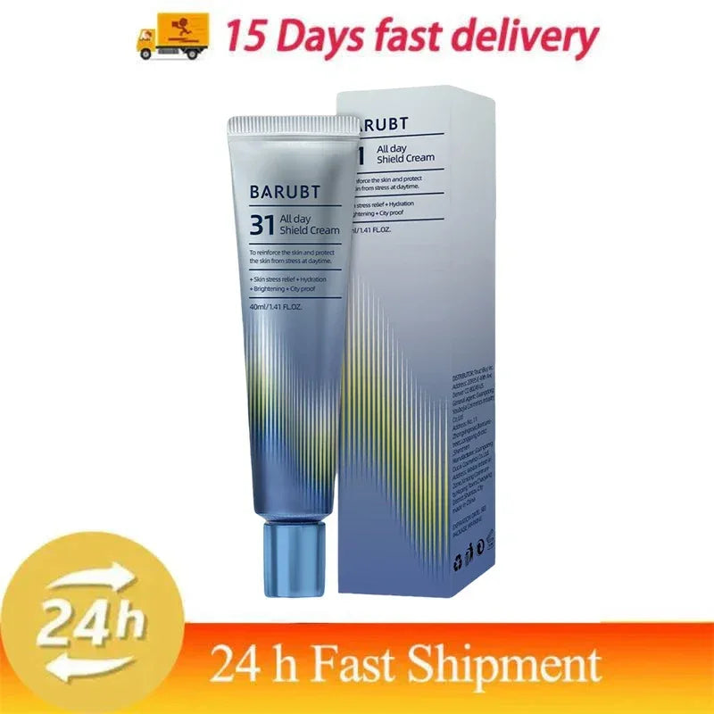 BARUBT 31 All Day Shield Cream tube and box with 15 days fast delivery and 24h fast shipment icons