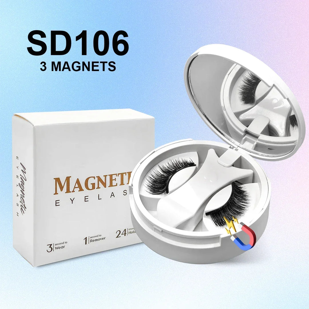 SD106 magnetic eyelashes with 3 magnets in white round case with mirror and packaging box