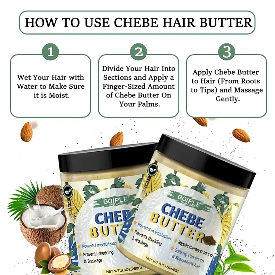 Instructions on how to use Goiple Chebe Hair Butter with product jars, coconut, and nuts background