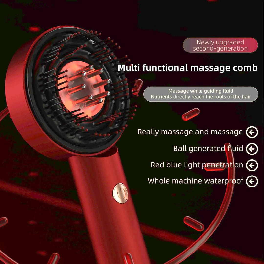 Red multifunctional massage comb with ball tips and LED light for hair root treatment