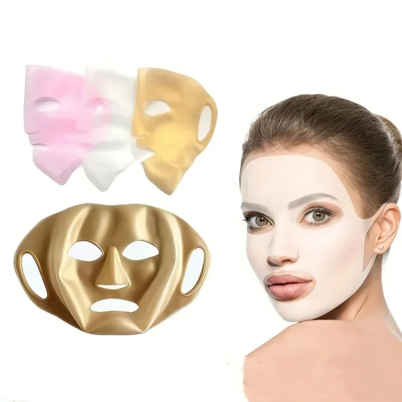 Woman wearing white facial sheet mask with additional pink, white, and gold skincare masks displayed