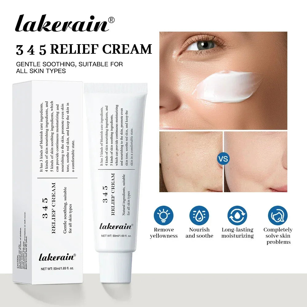 Lakerain 345 Relief Cream packaging and tube with close-up of face showing cream application and skin improvement
