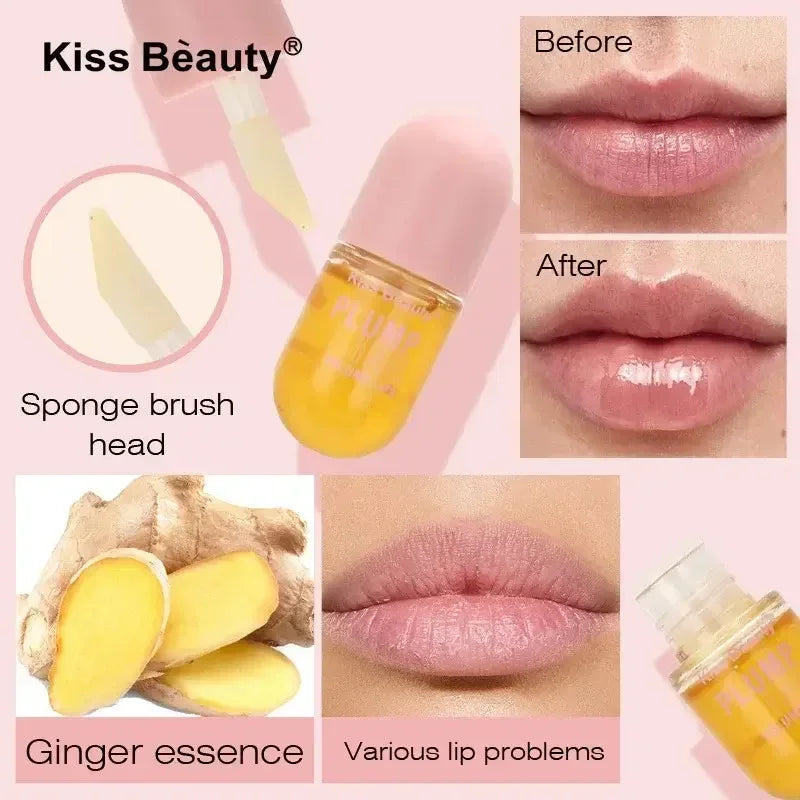Kiss Beauty lip plumper serum with ginger essence, sponge brush head, and before-after lip hydration results