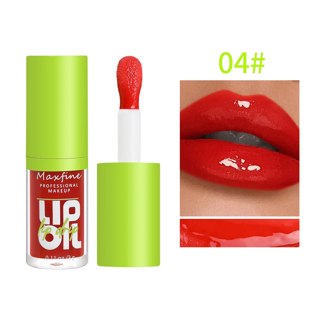 Maxfine professional red lip oil with green cap and applicator, glossy red lips close-up, shade 04#