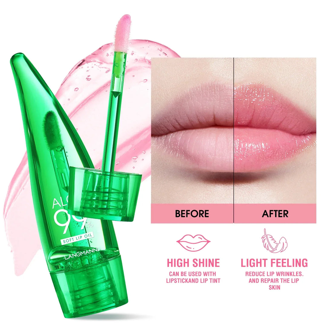 Langmann Aloe 97% soft lip oil with applicator and before after lips showing high shine and light feeling
