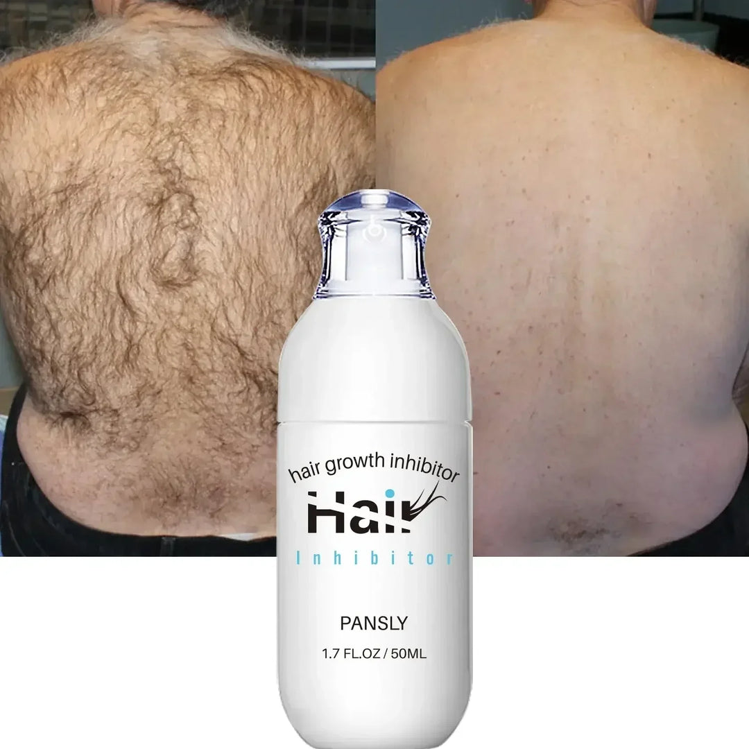 Before and after back hair removal showing a hair growth inhibitor product bottle