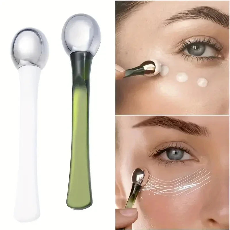 Metallic eye cream applicator sticks with close-up of woman applying cream under eye for skincare