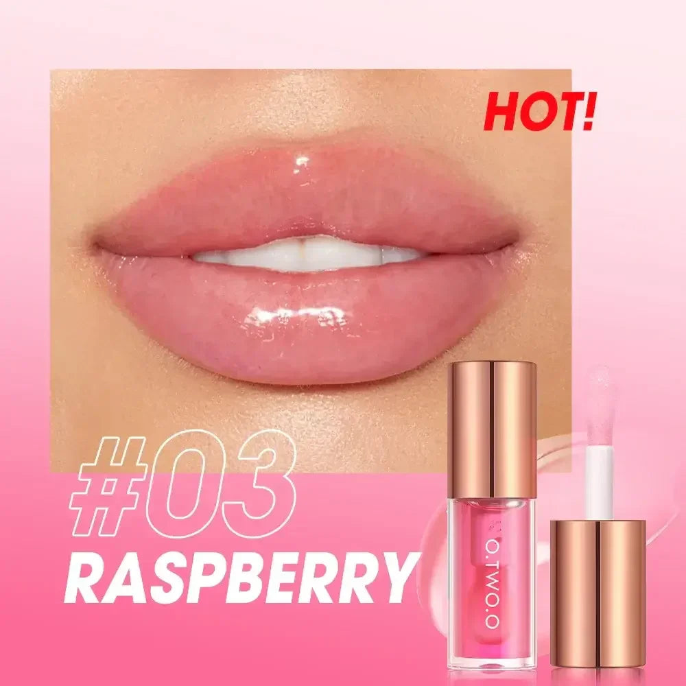 Glossy pink lips with raspberry tinted lip gloss #03 by O.TWO.O on pink background