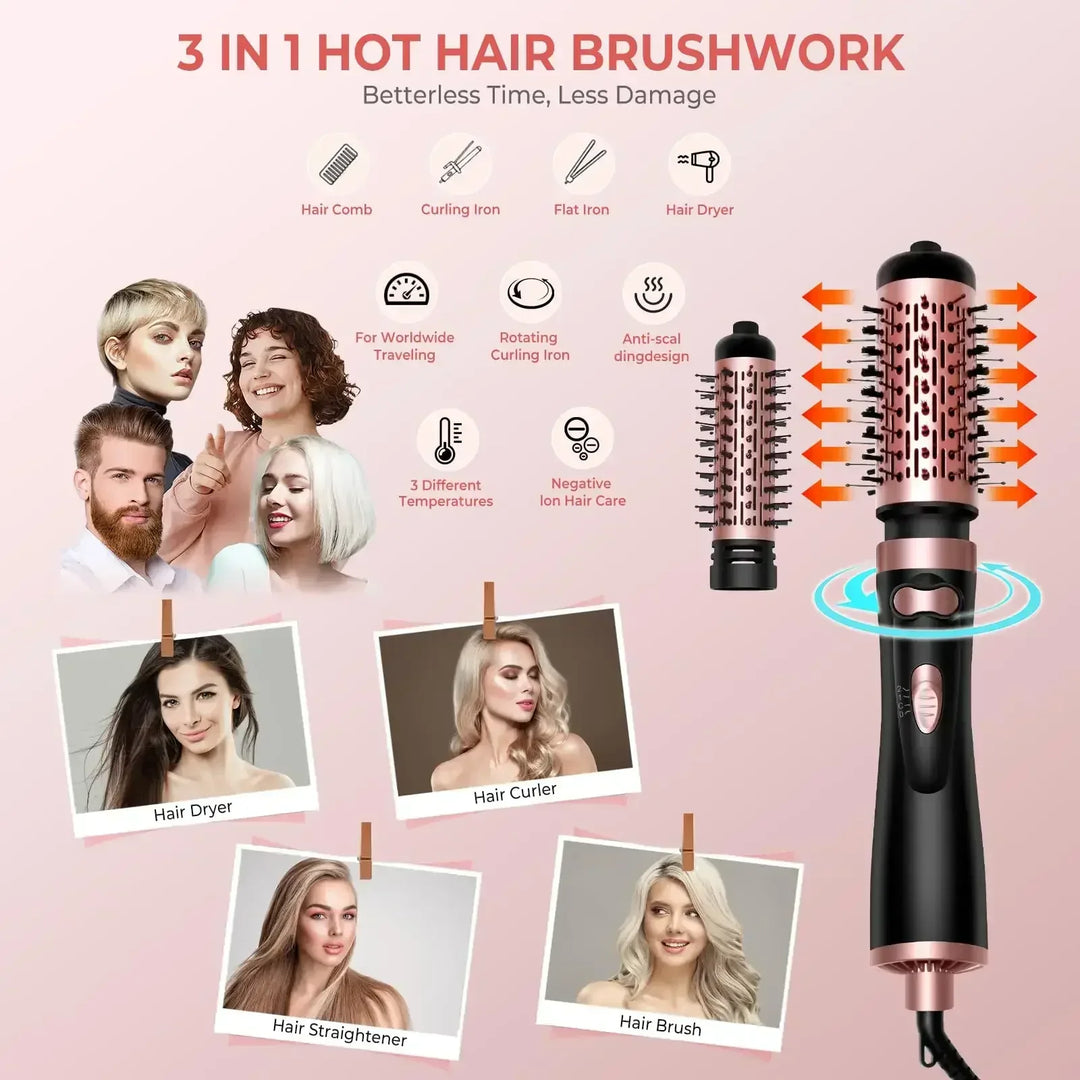 3 in 1 hot hair brushwork with curling iron, hair dryer, and flat iron functions for versatile styling