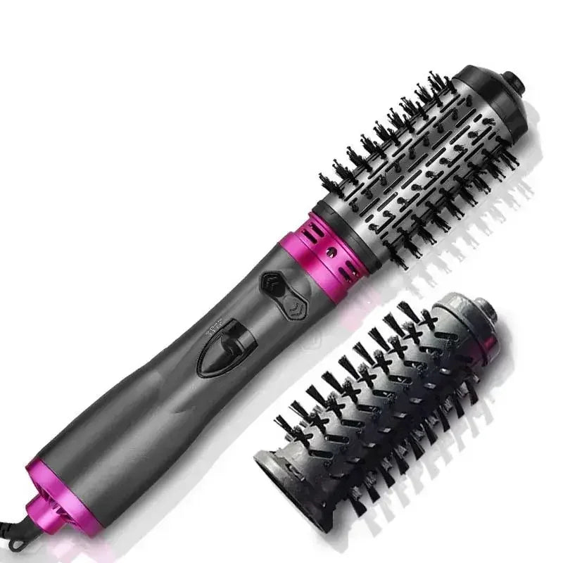 Black and pink electric hair styling brush with detachable round brush head on white background