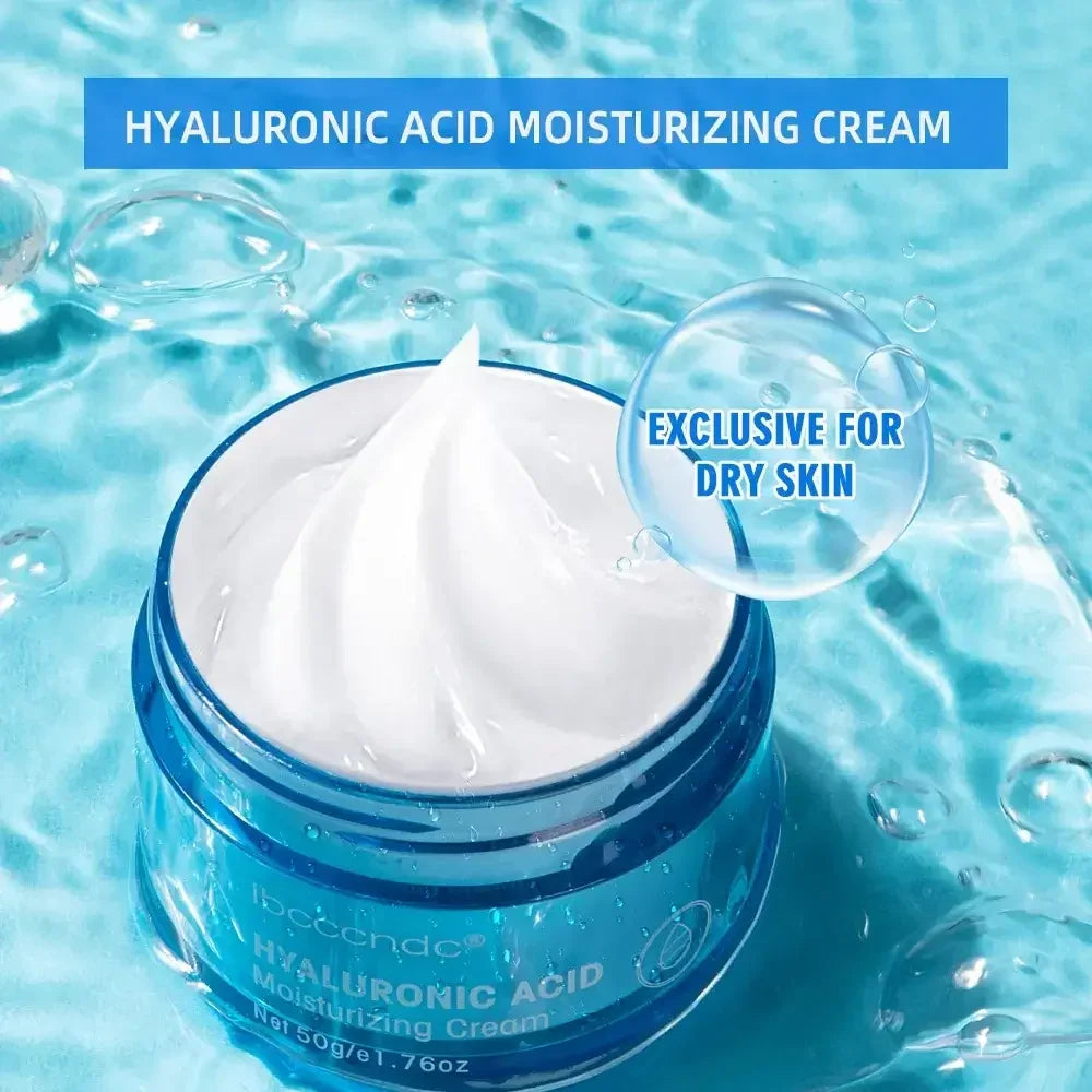 Open jar of hyaluronic acid moisturizing cream on blue water background, exclusive for dry skin