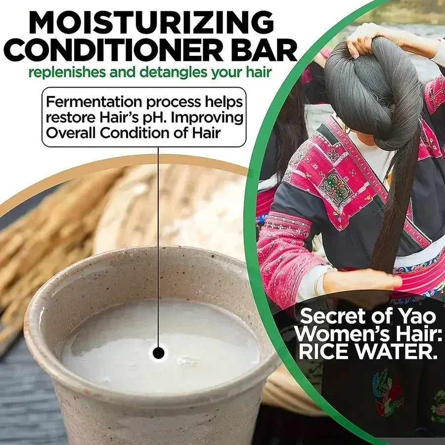 Moisturizing conditioner bar with rice water for hair repair and detangling, inspired by Yao women
