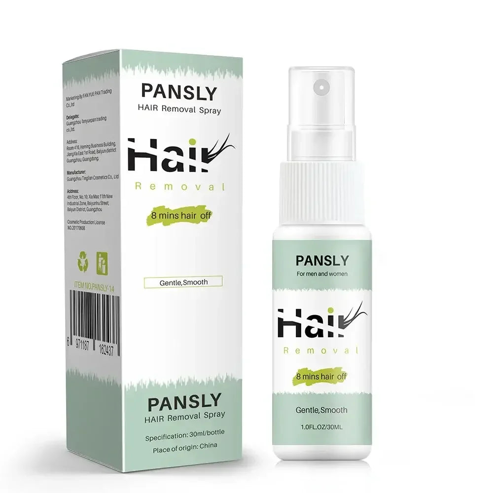 Pansly hair removal spray bottle and box with 8 mins hair off, gentle smooth formula, 30ml