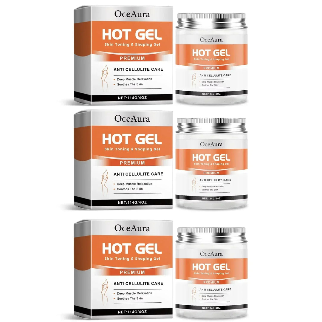 OceAura Hot Gel skin toning and shaping anti cellulite care with deep muscle relaxation in 114g jars and boxes