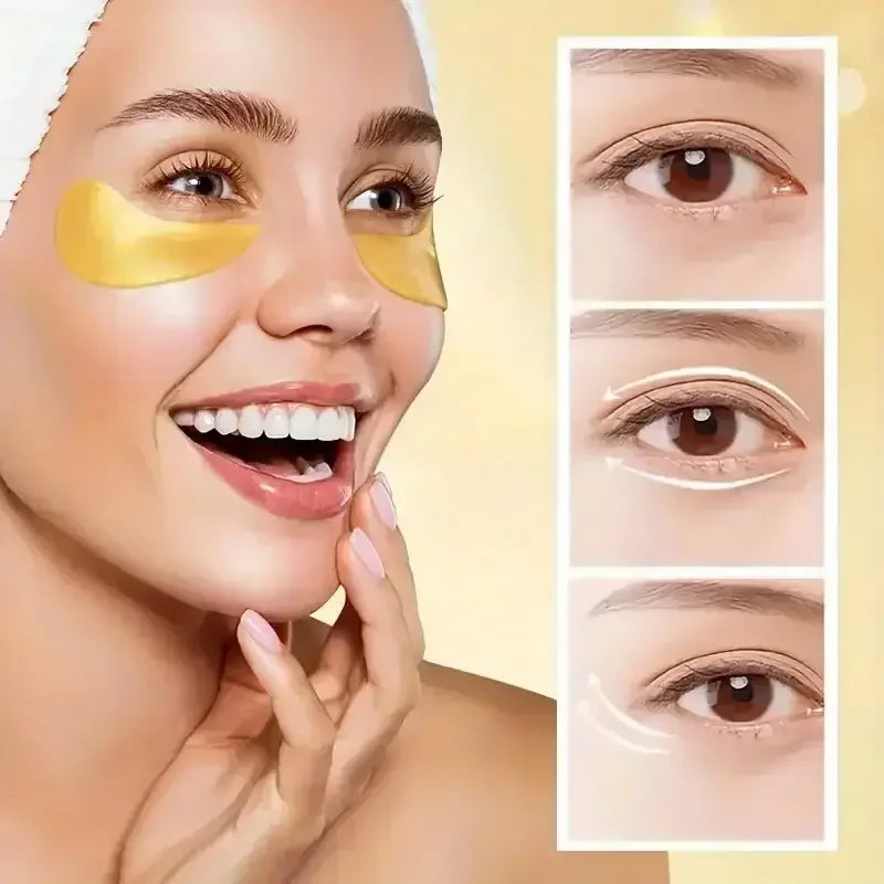 Smiling woman with gold under eye patches demonstrating eye care and anti-aging skincare steps
