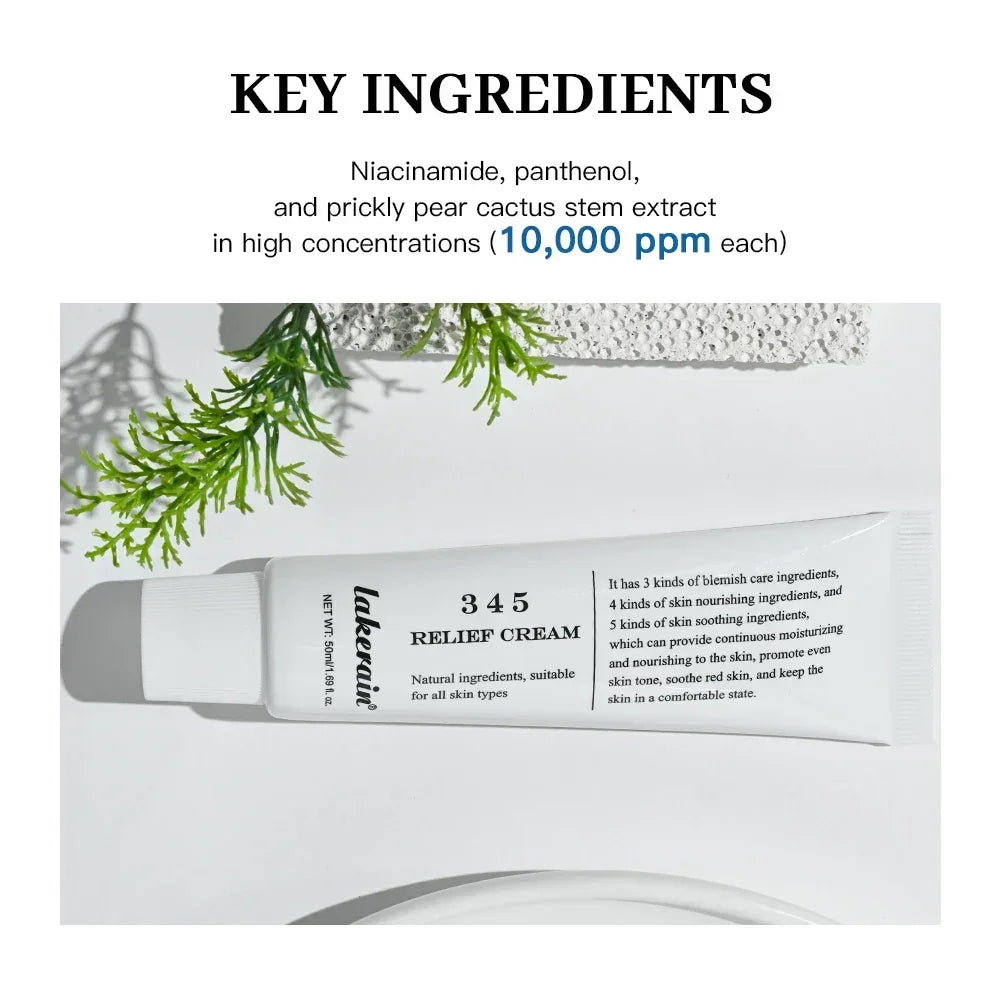 345 Relief Cream tube with niacinamide, panthenol, prickly pear cactus extract in high concentration