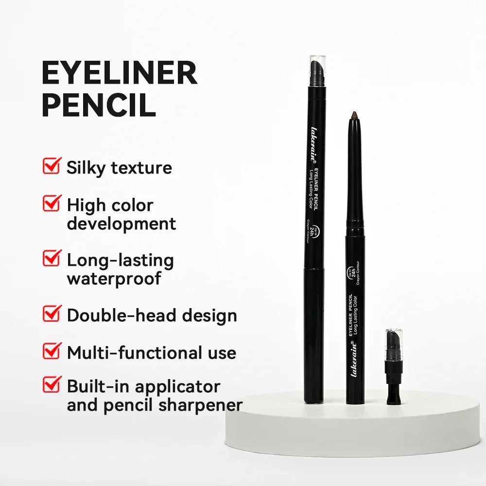 Black double-head eyeliner pencil with built-in applicator and sharpener on white display