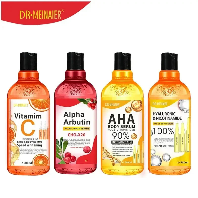 Dr. Meiniaer Vitamin C, Alpha Arbutin, AHA, and Hyaluronic & Nicotinamide face and body serums in 500ml bottles