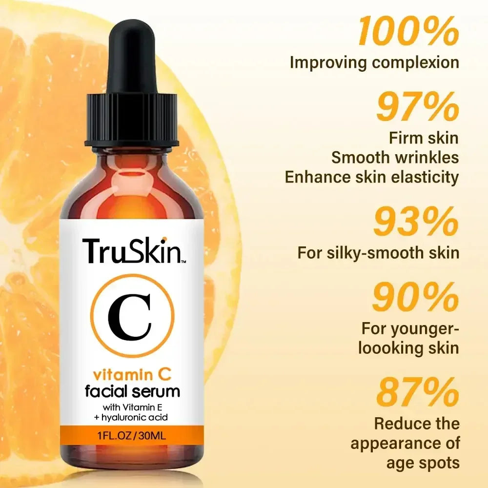 TruSkin Vitamin C facial serum bottle with orange slice background and skin improvement benefits text