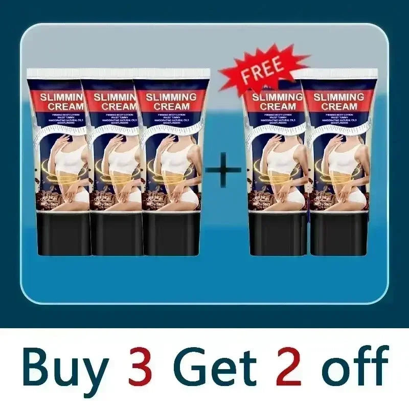 Slimming cream tubes with Buy 3 Get 2 Free offer, featuring a woman silhouette and natural oils