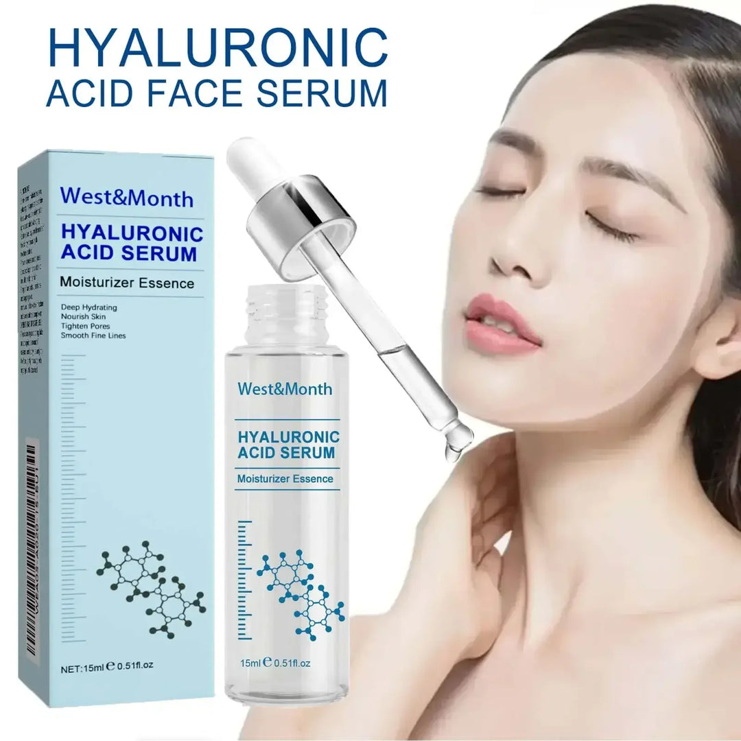 West&Month hyaluronic acid face serum bottle and box with dropper next to woman with clear skin
