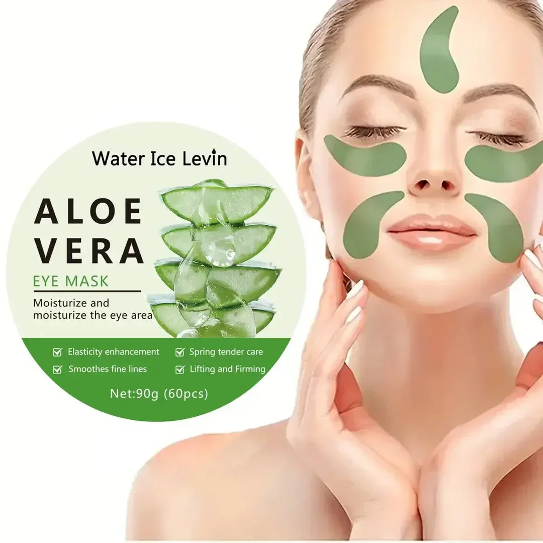 Woman with green aloe vera eye mask patches on face, promoting moisturizing and firming skincare