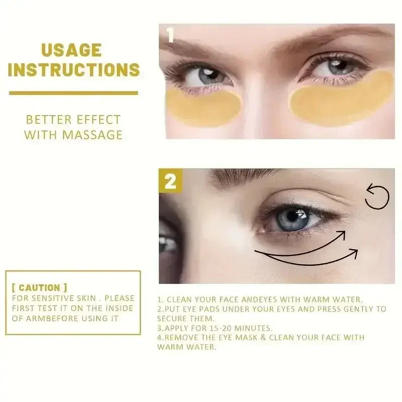 Usage instructions for under-eye pads with application steps and facial massage illustrations