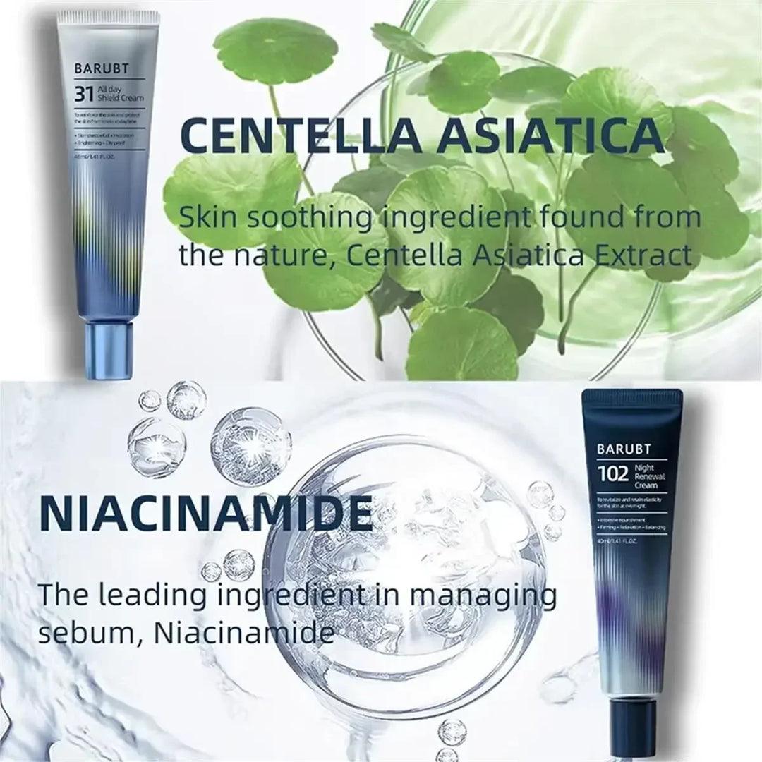 Barubt skincare creams with Centella Asiatica and Niacinamide ingredients for soothing and sebum control
