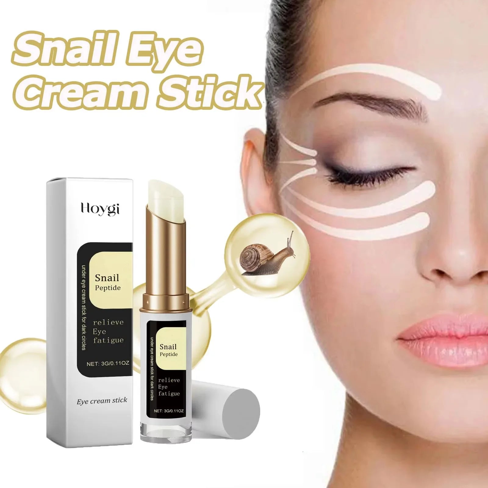 Hoygi Snail Peptide Eye Cream Stick for dark circles and eye fatigue with woman applying under eye