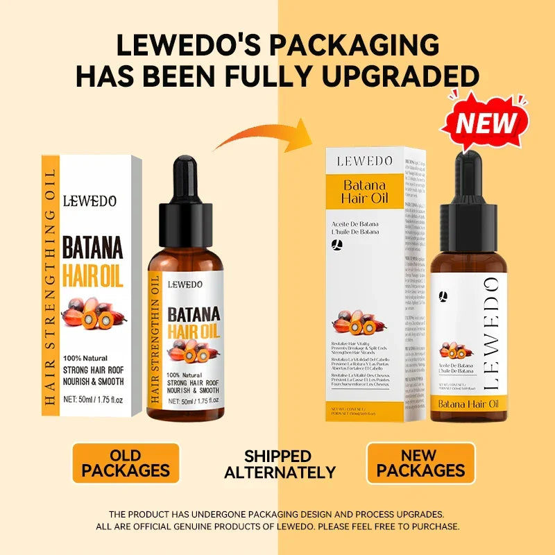 Comparison of Lewedo Batana Hair Oil old and new packaging with 50ml bottles and natural hair strengthening formula