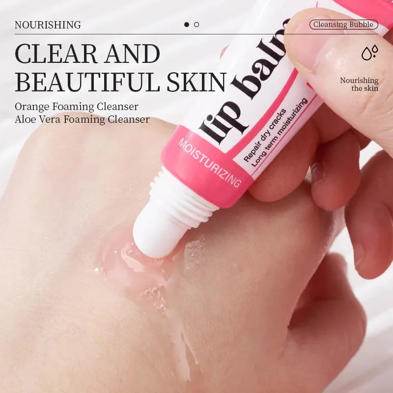Moisturizing lip balm tube applying clear gel on hand skin for nourishing and repairing dry cracks