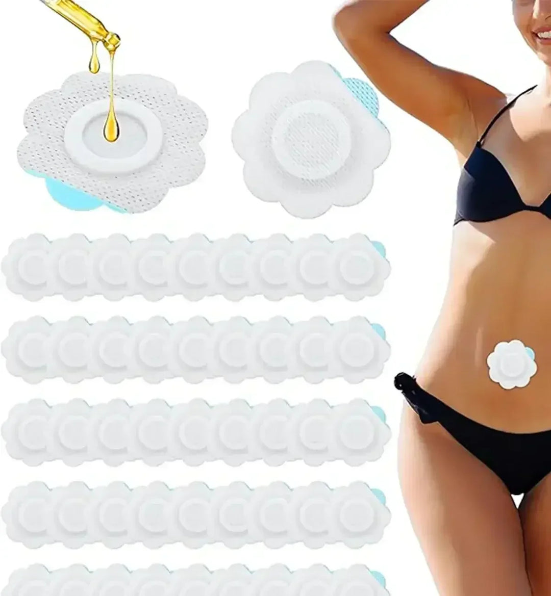 Honey-infused white flower-shaped wax patches with woman applying patch on stomach, skincare product