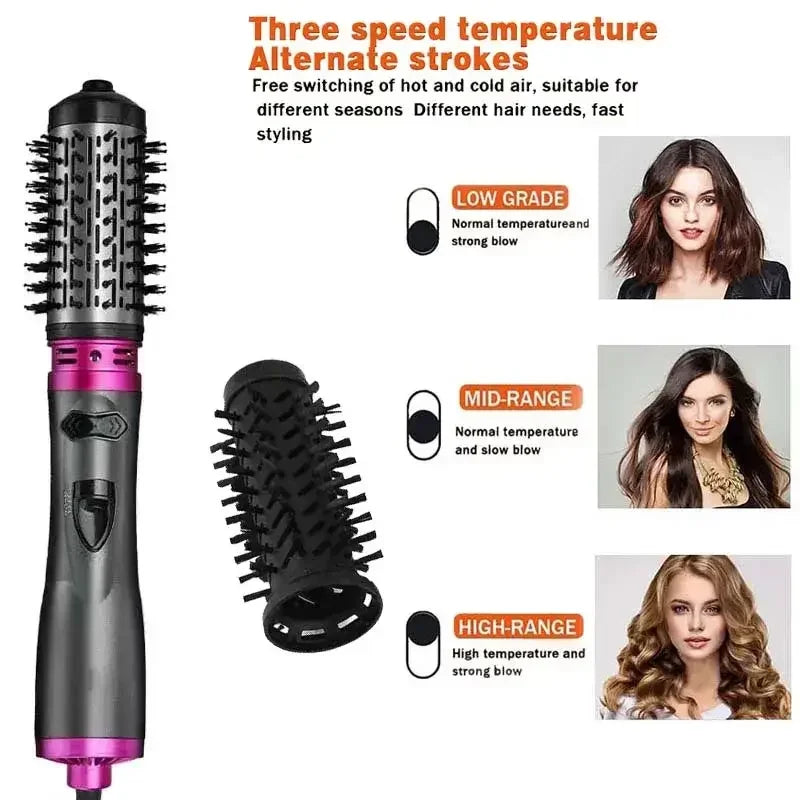 Electric hair styling brush with three speed temperature settings showing low, mid-range, and high-range options with images of styled women's hair