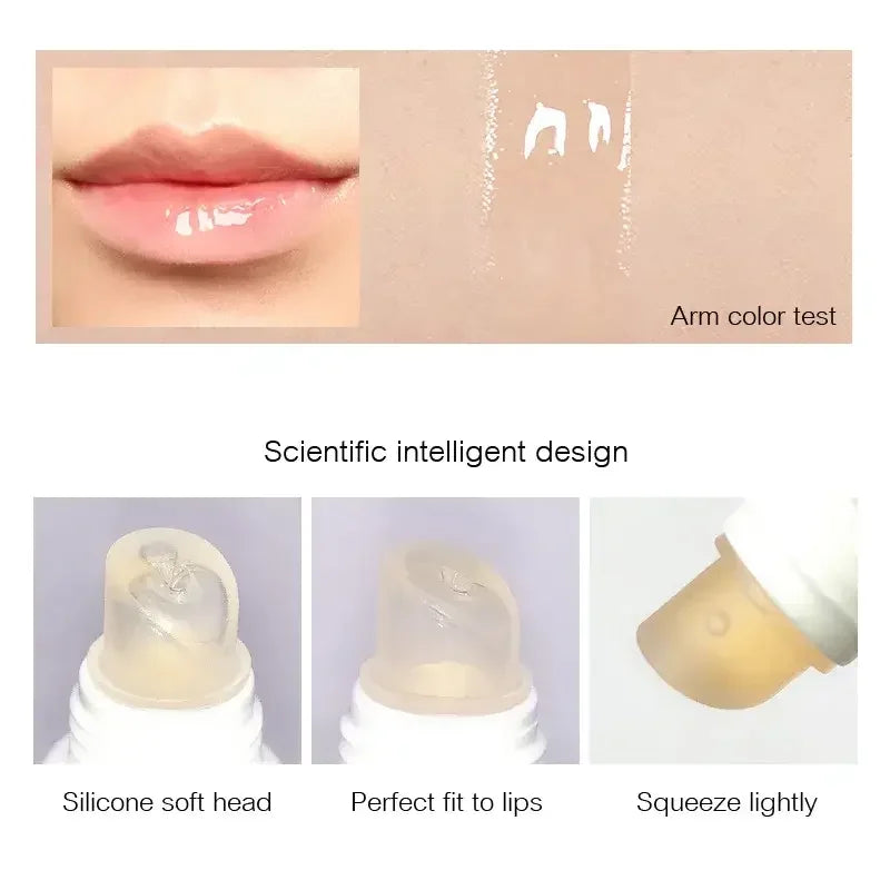 Glossy lip balm applied on lips with silicone soft head applicator, arm color test shown