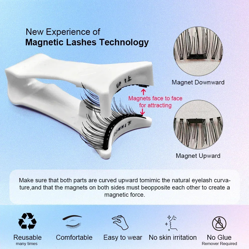 Magnetic lashes technology with white applicator tool showing curved magnetic eyelash pairs and usage instructions