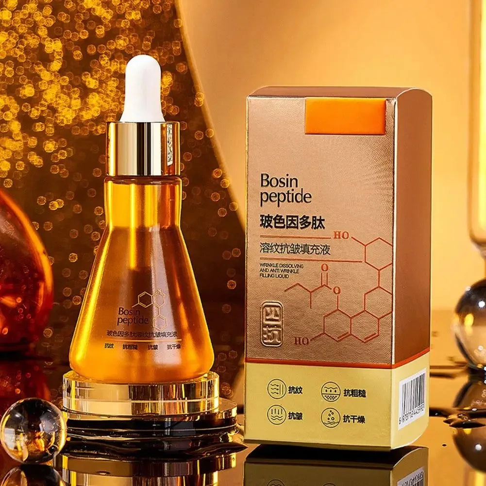 Golden Bosin peptide serum bottle with dropper and matching box for wrinkle dissolving and anti-wrinkle skincare